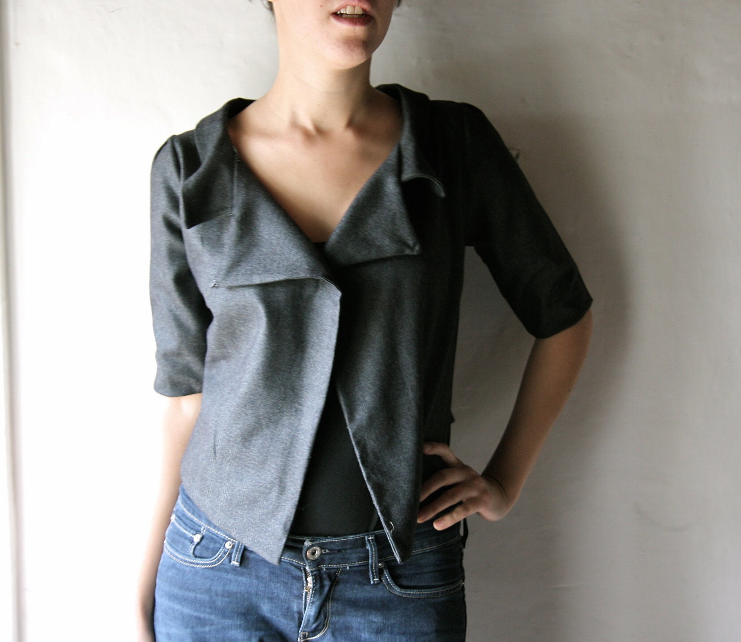Womens cropped coat - mod grey blazer jacket - bon ton winter fashion wool outerwear
