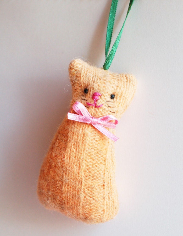 Miniature kitten ornament made from recycled wool - one softie cat