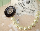 Charcoal Fabric flower necklace, Gray satin fabric flower and chunky pearl bead necklace, Charcoal gray bridesmaid necklace