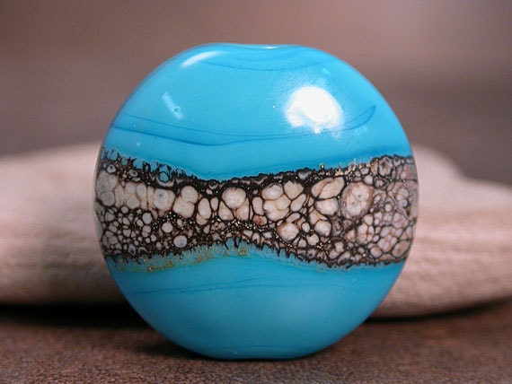 Lampwork Glass Focal Bead Turquoise Blue Spree w/ Silvered Ivory Divine Spark Designs SRA LeTeam