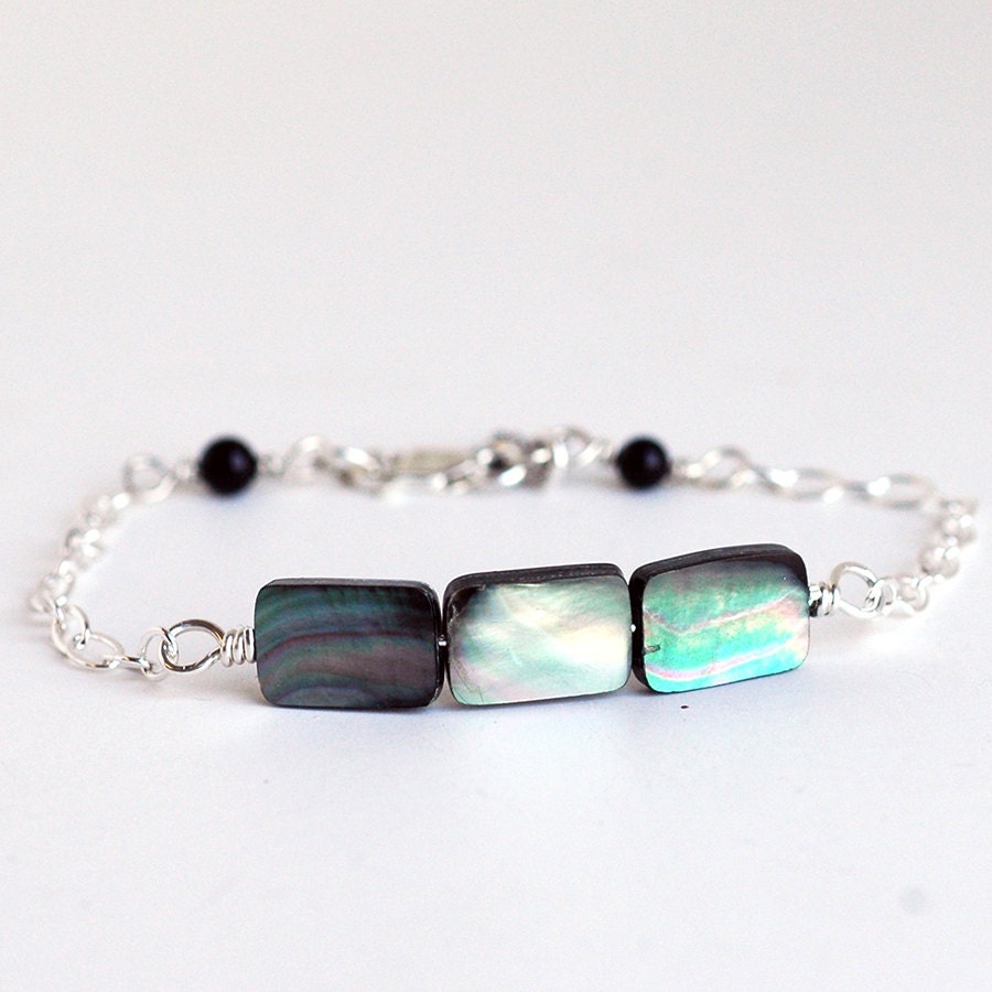 Mother of Pearl Rectangle Gemstone Bracelet - Recycled Sterling Silver Chain - Simple Modern Delicate Handmade Jewelry perfect for layering