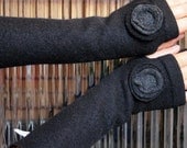 Black Fingerless Gloves Womens Arm Warmers  Recycled Felted Sweater-  Black with Dark Stacks