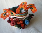 Ilex Verticillata   ... Freeform Crochet Cuff - Flowers -  Orange Red Burgundy Cream Green Brown