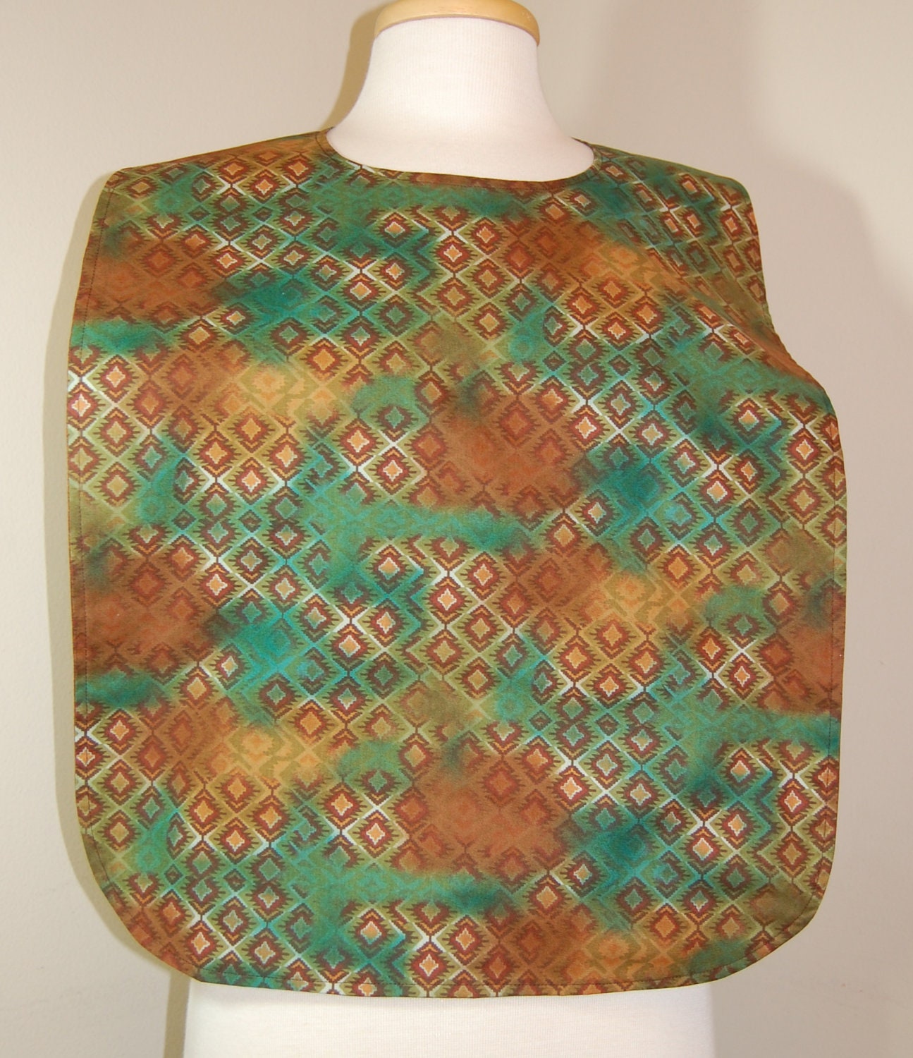 Adult Rib Bib/Clothing Protector/Crumb Catcher Make-up Bib, Long Length:  Green and Brown Geometric Design  - Ready to Ship