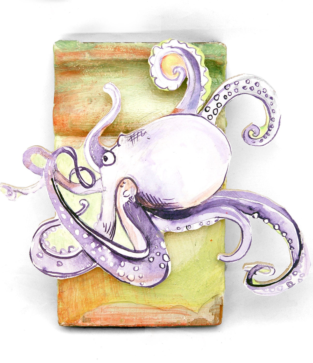 Original Octopus Watercolor Wood Art Sculptural Painting made from Reclaimed Wood