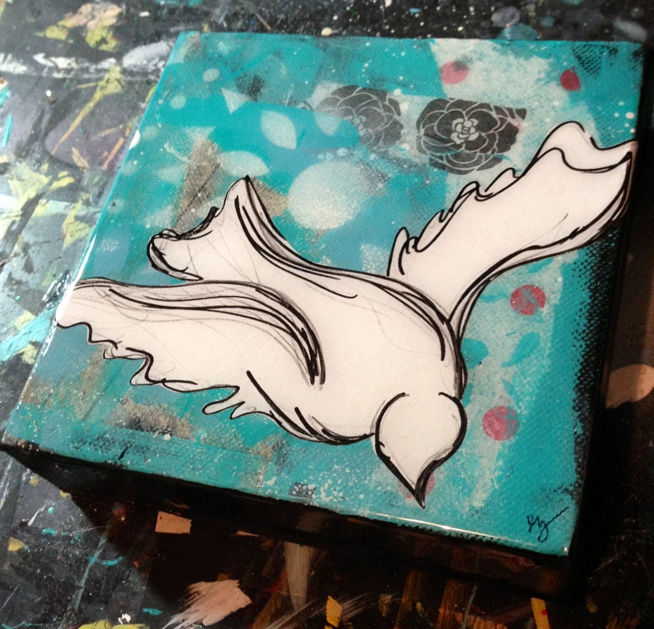 White Bird flying blue background