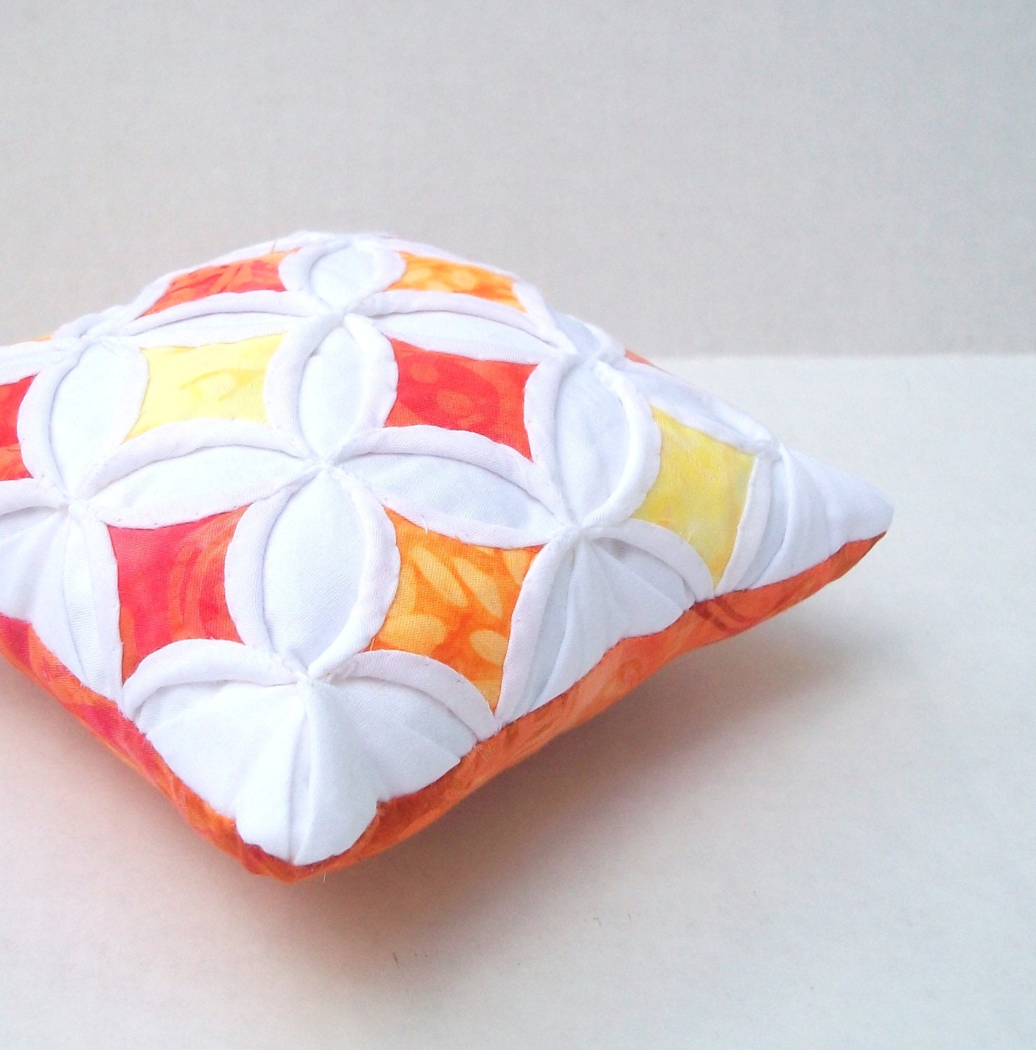 Quilted Pincushion Orange Yellow Cathedral Window Pillow - 5 Inches Square