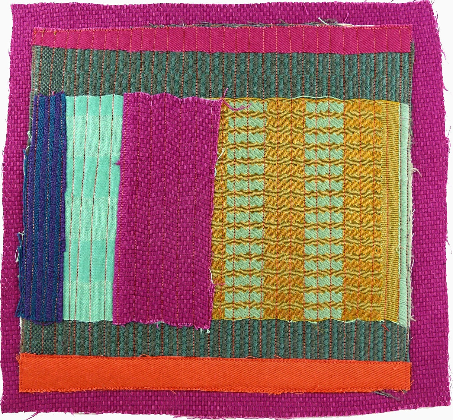 9.19.2012 small art quilt, contemporary, abstract, square, purple, fuchsia, orange, aqua, citron, yellow, grey