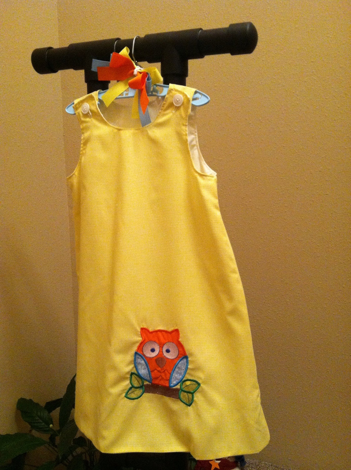 Hoot Owl Yellow Gingham Check Dress Jumper Aline Custom Boutique