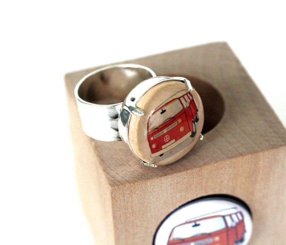 Volkswagen Bus Ring, Eco Friendly Ring, Journey, Wine Cork Ring, Hammered Metal Jewelry, Upcycled by Uncorked