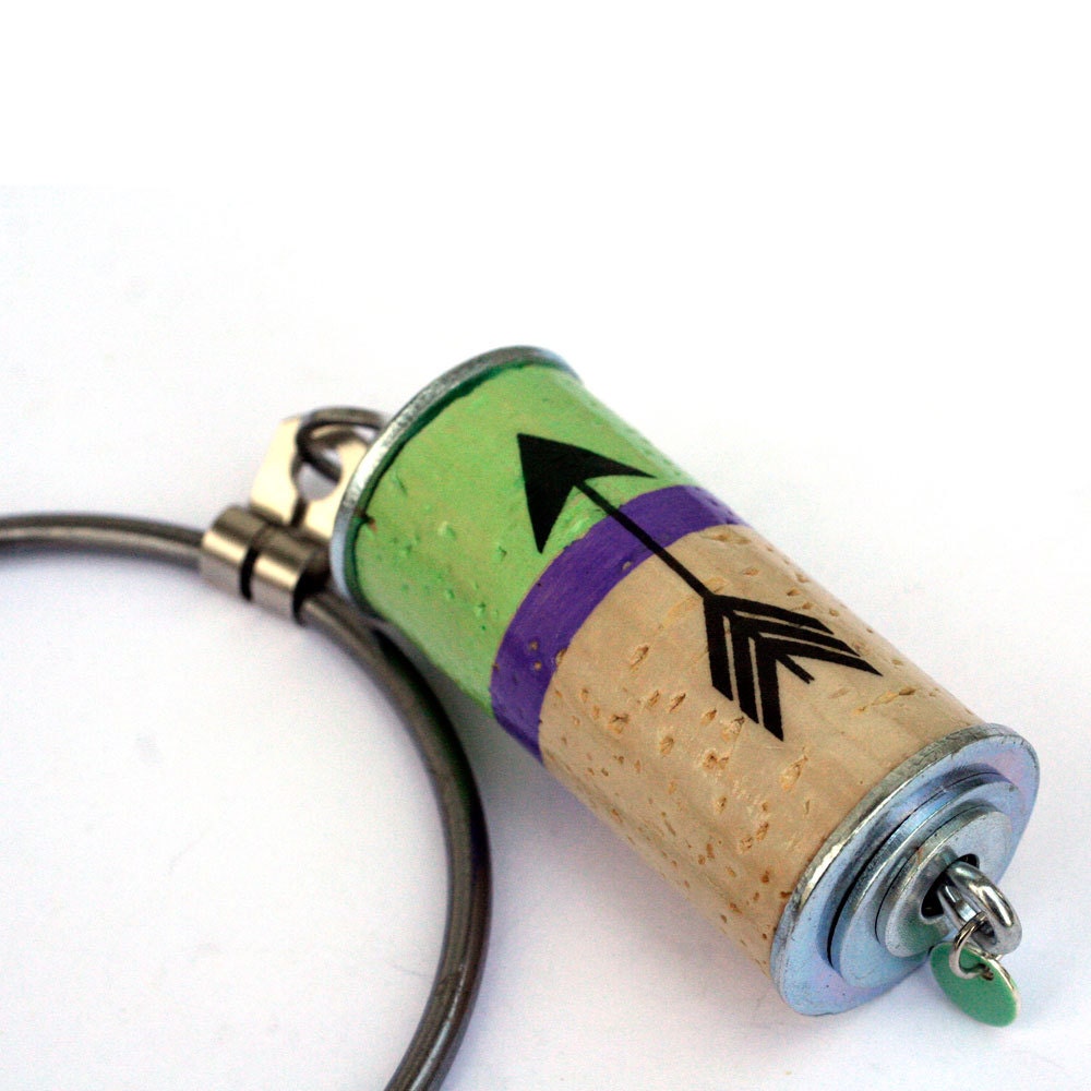 Arrow, Color Block Keyring - Recycled Winecork Keychain - Mint Green, Purple - GIANT Jailer's Keyring - Upcycled by Uncorked