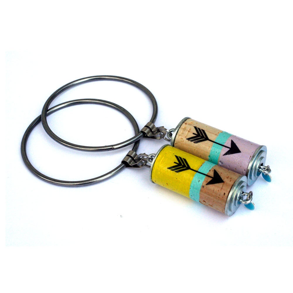 Arrow, Color Block Keychain - Recycled Winecork Keyring - Yellow, Light Blue - GIANT Jailer's Keyring - Upcycled by Uncorked