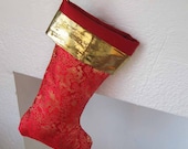 Large Handmade Heirloom Christmas Stocking Holiday Decor - Red Dragon with Gold Cuff - Ready to Ship
