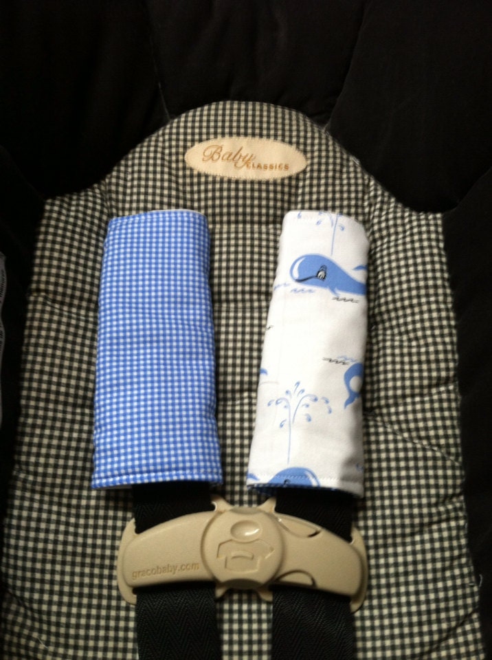 Cute Whales and Blue Gingham Car Seat Strap Covers-- Ready to Ship