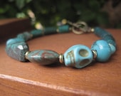 Turquoise Gemstone Bracelet - Skull - Stone - Blue  - Brass - Funky Colorful Fashion Jewelry - Ontario Canada