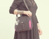 NEON NAVAJO BAG. Sale Bag. Black Leather Purse. Neon Pink Chevron. Adjustable Strap Bag.