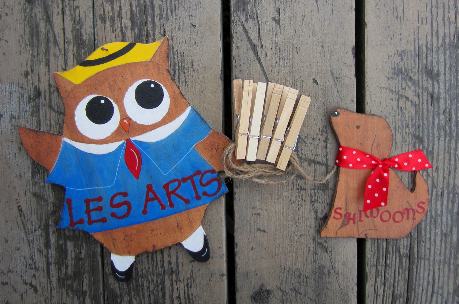 Madeline Owl Art Display Photo Display Clips - Wood - 10X10 Large Size - Hand Painted Murals