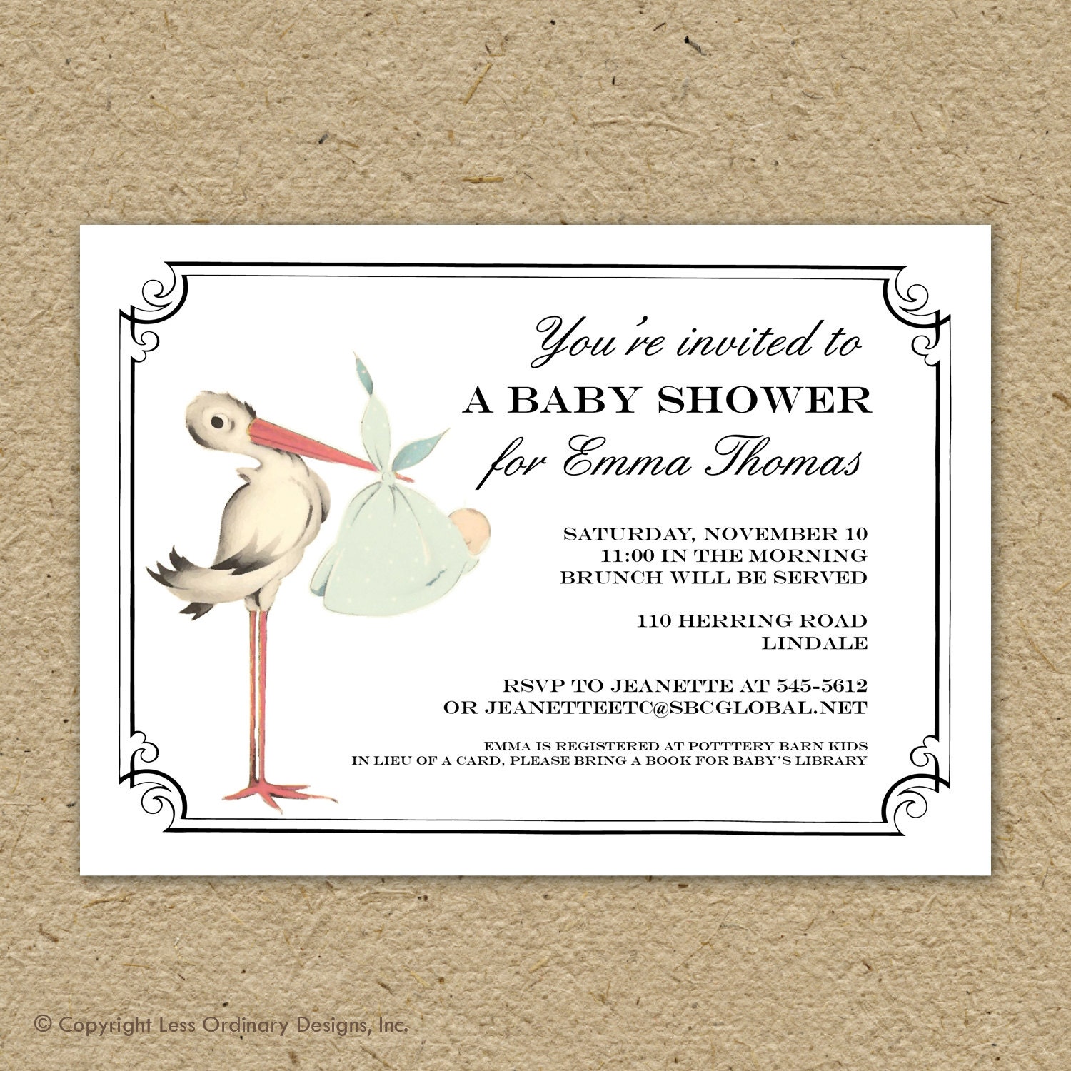 vintage stork baby shower invitation, baby boy or baby girl