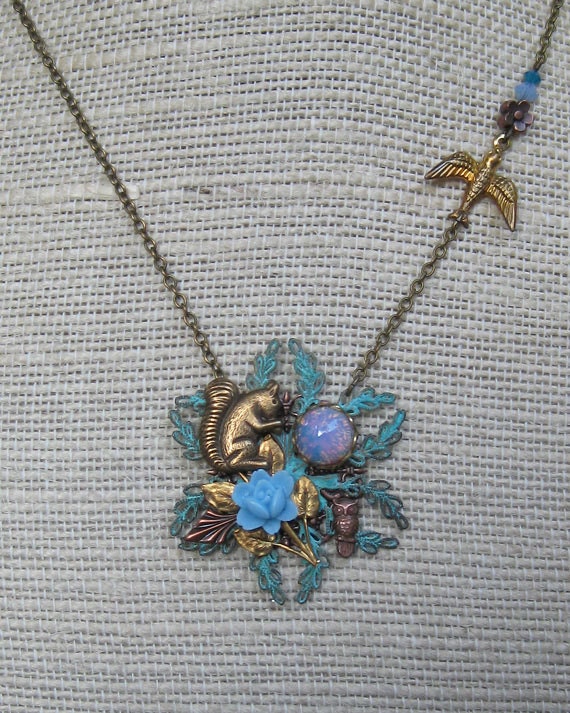 Nature Necklace . Squirrel Owl Bird Assemblage Charm . Jewelry By BlissDayDesigns
