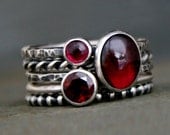 Pomegranate Sterling Silver Stacking Rings, Red Garnet, Stackable Bands, Stack, Set of Five Rings, Faceted & Cabochon Gems Raspberry Jewels
