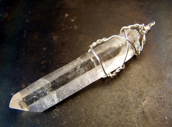 Lemurian Crystal wire wrap necklace pendant, Sterling Silver, on chain - naturally formed Quartz crystal from Diamantina mine in Brazil