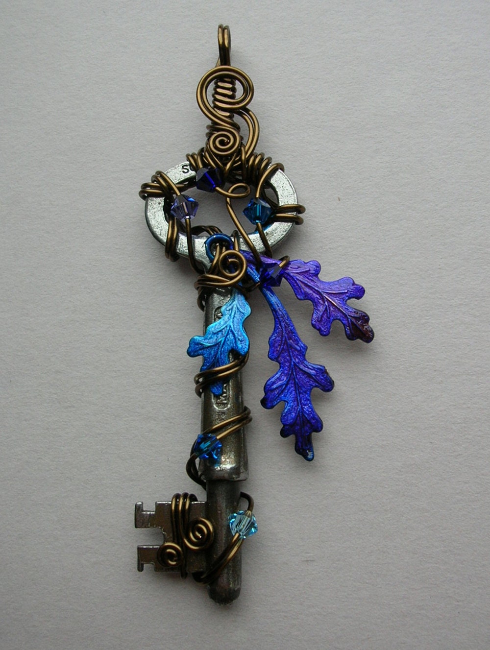 Wire Wrapped Key Pendant -- Faery Enchanted Oak Tree with Purple and Blue Leaves, Antique Brass Wire, Swarovski Crystals