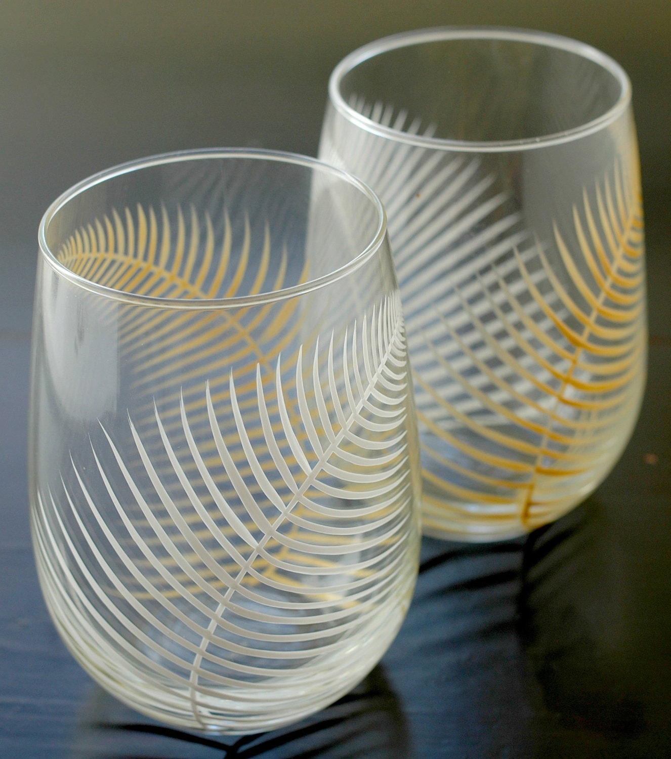 Holiday Gold and White Ferns--Set of 4 Stemless Wine Glasses