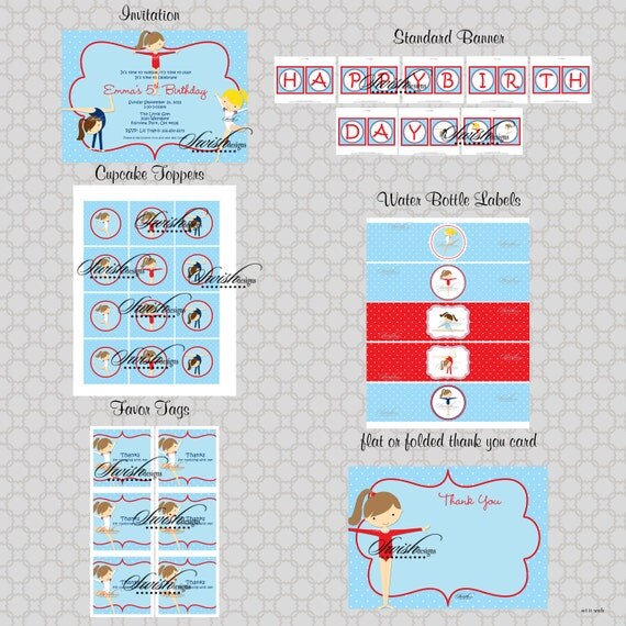 Gymnastics Birthday Party Package: Printable DIY Includes custom 5x7 invite, favor tags, cupcake toppers, water bottle labels and more Il_570xn