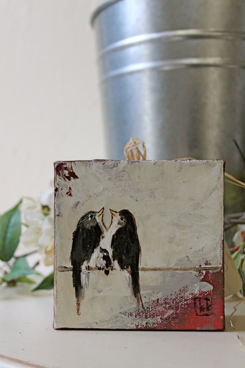 Our Cream Cheese Frosting Sky (4x4 original painting lovebirds and baby bird on a wire)