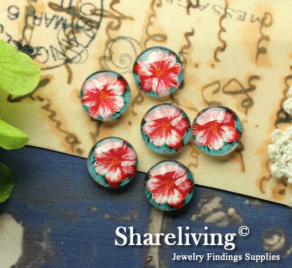 10pcs 12mm Handmade Photo Glass Cabs Cabochons (Red Flower)  -- BCH193Q