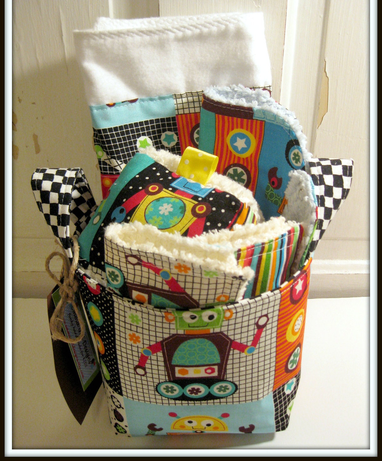 Robots Baby Gift Basket--- Burp Cloth, Bib, Rattle Block, Wash Cloth Set and Fabric Basket