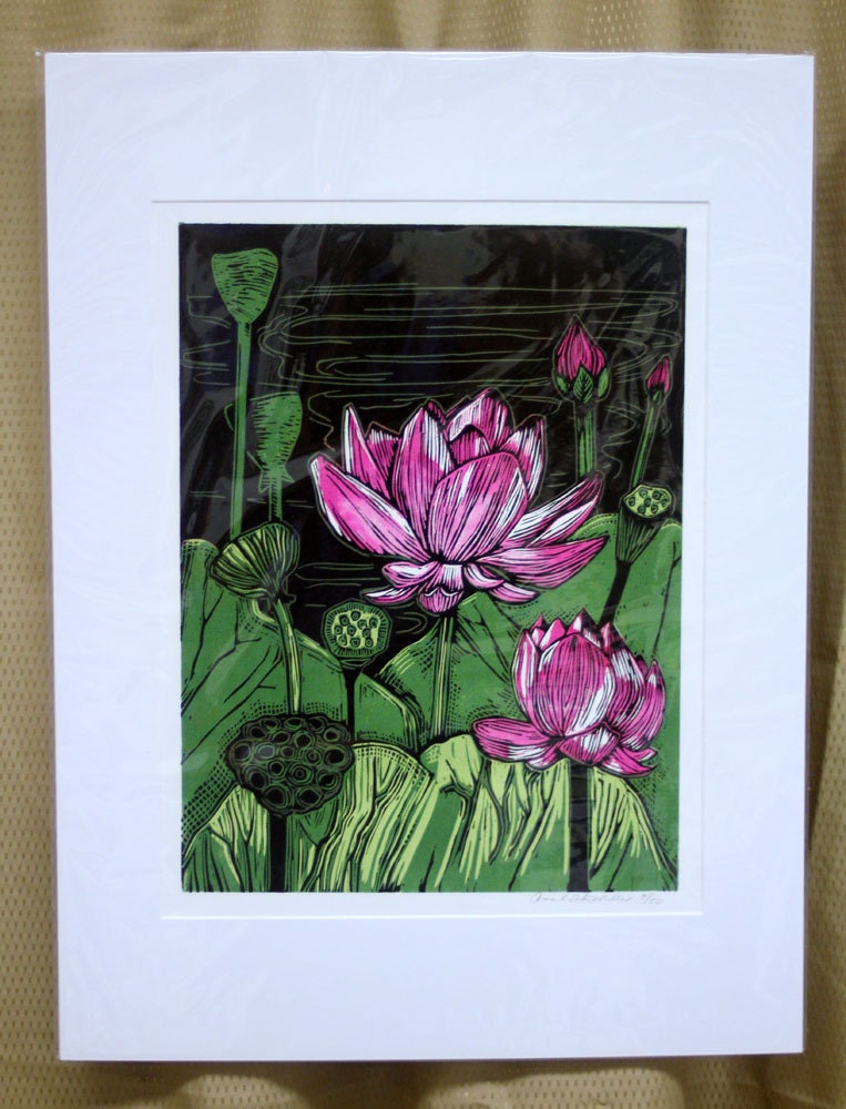 MATTED Nature Art, Lotus Flower, Black, Magenta, and Green, flower, buds, seeds, Woodblock Print