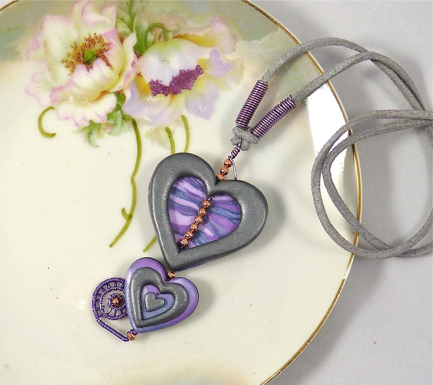 Many Hearts Polymer Clay Necklace in Purple and Silver with Copper Accents