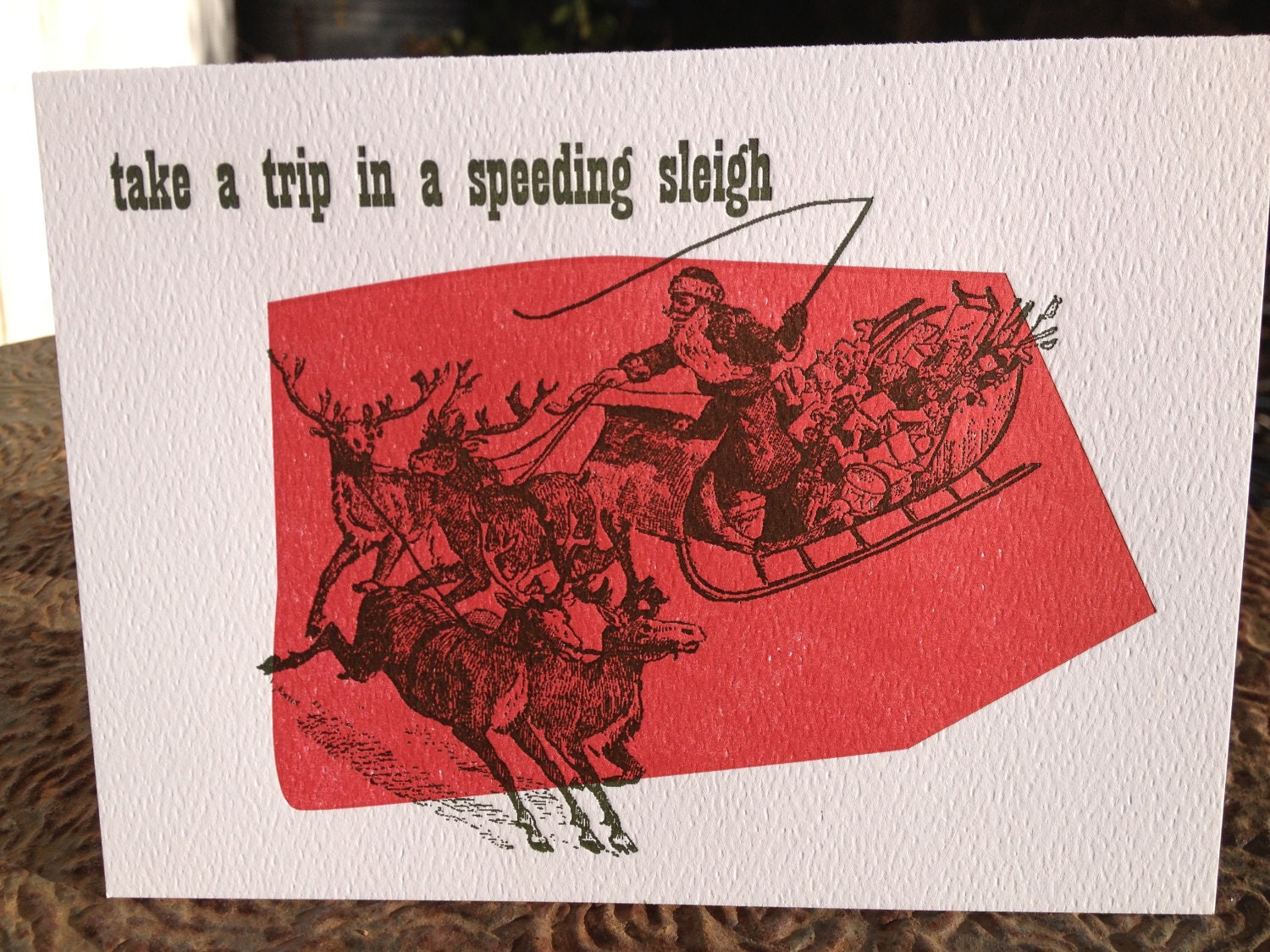 Letterpress Xmas Card - Speeding Sleigh