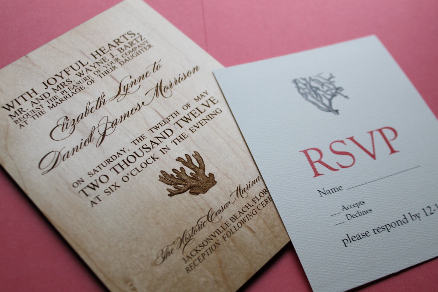 Beach Wedding Invitation, Seaside, Elegant Destination Wedding Invite, Coral, Laser Engraved Wood, Beautiful Beach Wedding