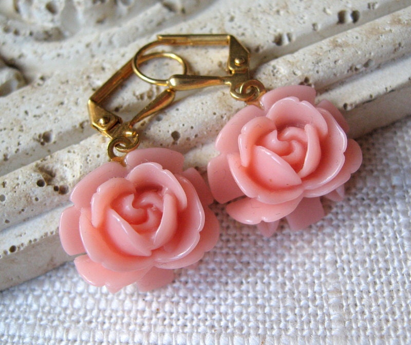 Coral Pink Rosebud Earrings, Coral Flower Earrings, Dangle Earrings, Bridesmaid Gifts, Gold Earrings