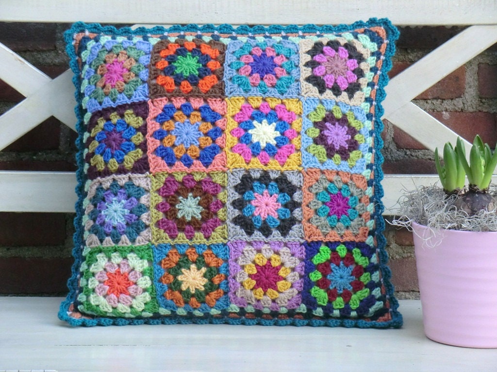 crochet 'granny square' cushion cover