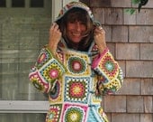 Crochet Doily Granny Square Colorful Sweater - Custom Sizes 0 to 18 - Asymmetrical Hoodie Cardigan by Annie Briggs 'Faith'