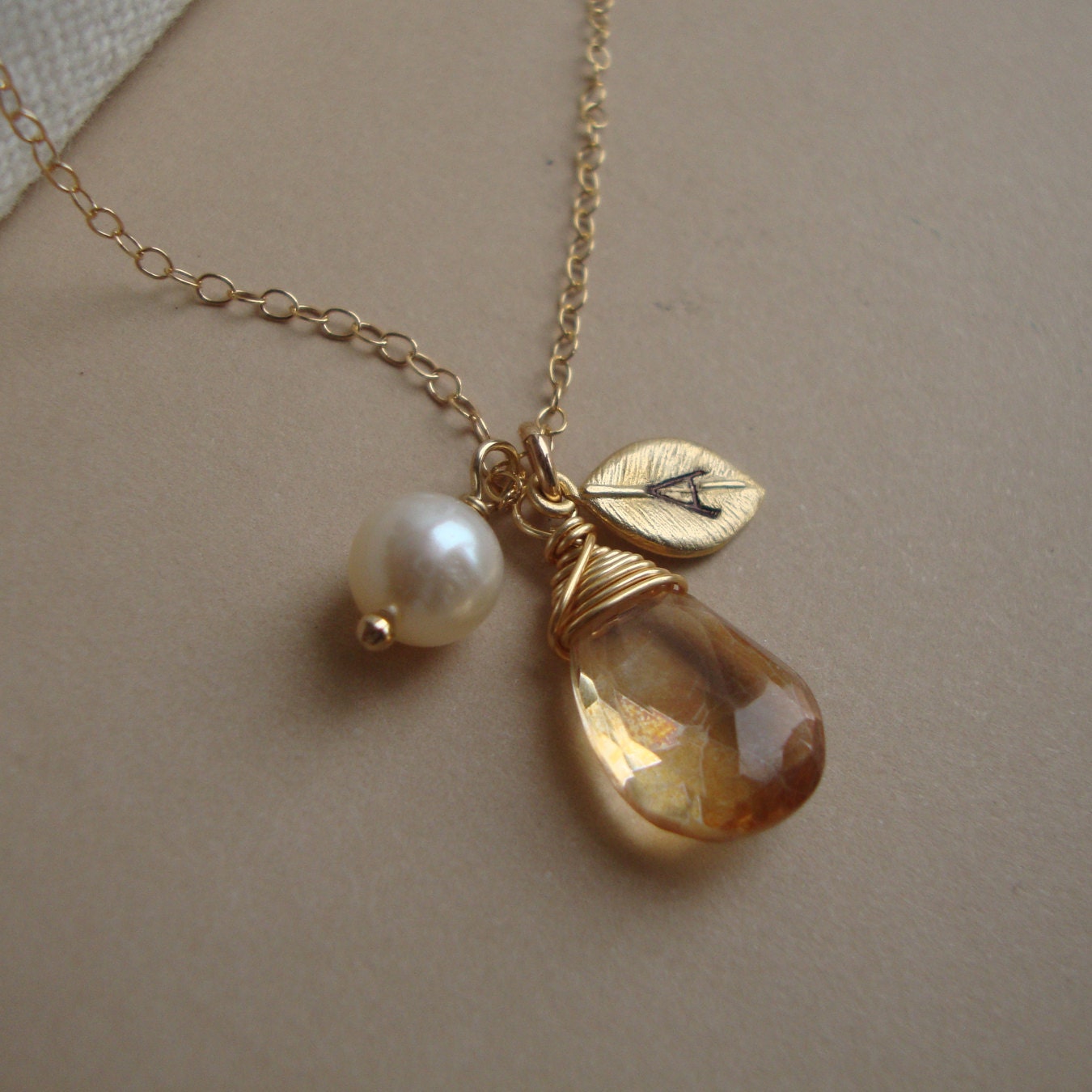 Engraved Leaf Necklace Personalized Hand Stamped Initial- Gold Filled, Wire Wrapped Stone, Bridesmaids Favors, Customized Bridal Gift