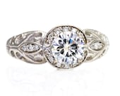 14K Vintage Moissanite Engagement Ring Diamond Halo Moissanite Ring Custom Art Nouveau Bridal Jewelry