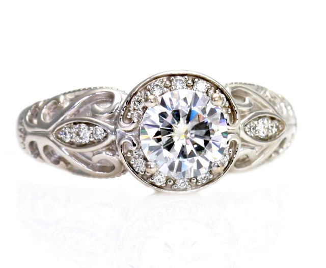 14K Vintage Moissanite Engagement Ring Diamond Halo Moissanite Ring Custom Art Nouveau Bridal Jewelry