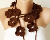 Flower Scarf, AUTUMN SALE,Handmade Crochet, Brown , Bitter, Chocolate  color Flower Lariat, Scarf, Necklace