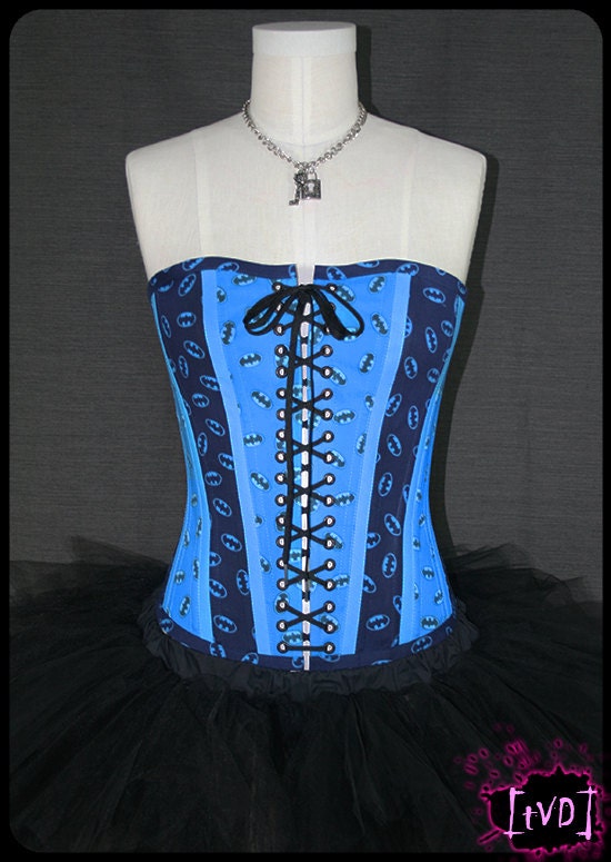 Batman Symbols Blue-on-Blue Steel Boned Overbust Corset SIZE 8