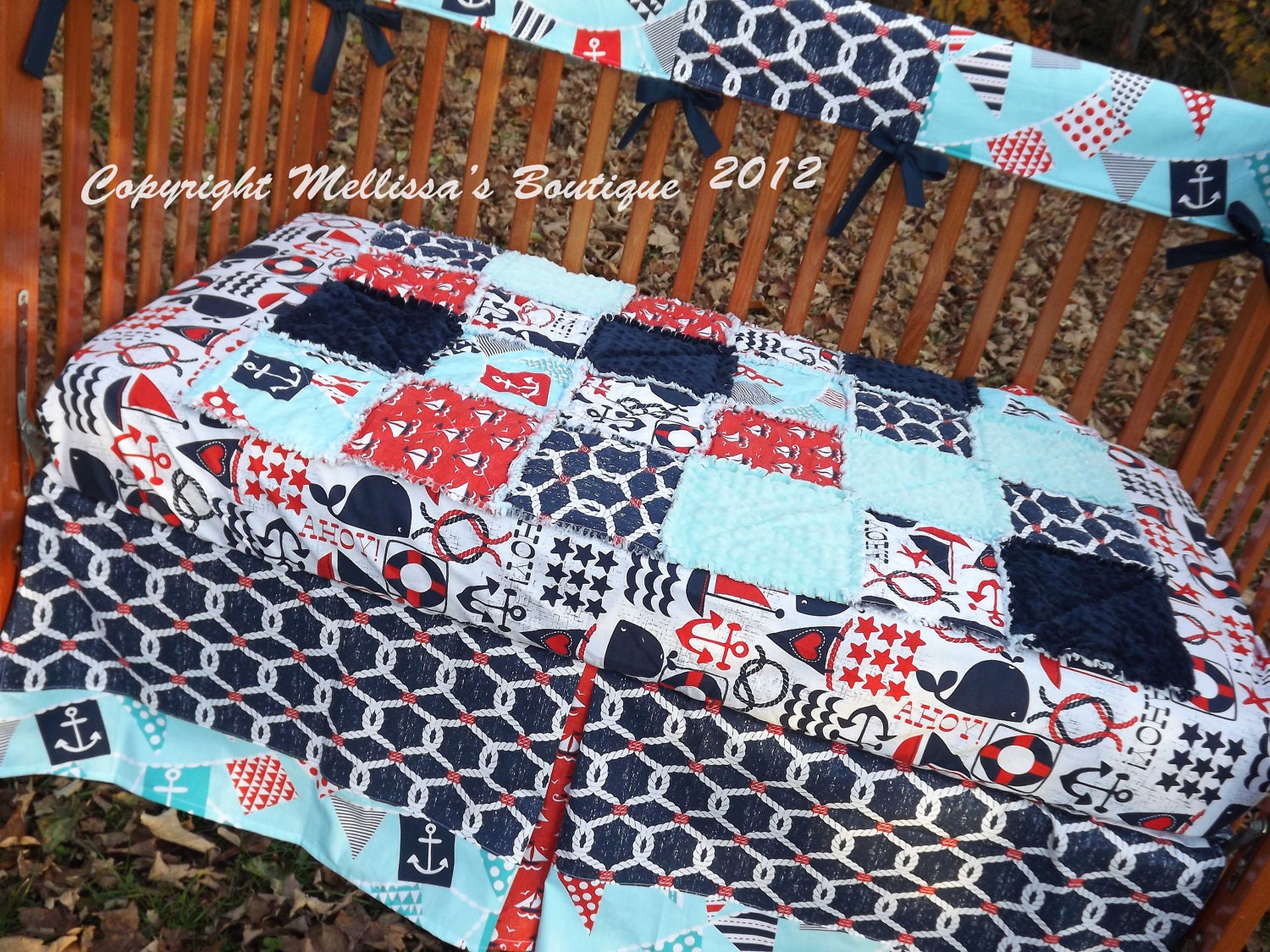 Custom Ahoy Matey Nautical Baby Nursery BUMPERLESS Crib Bedding Set made with DESIGNER fabric