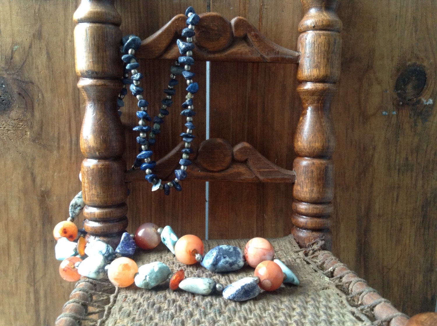 VINTAGE JEWELRY...natural agate stone beads - orange blue - long string boho - gift guide women