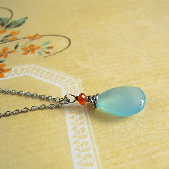 Aqua Blue Chalcedony Necklace, Gemstone Carnelian Necklace, Oxidized Sterling Silver