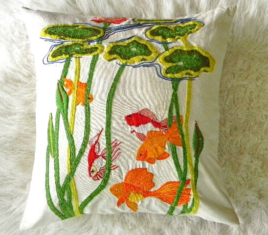 vintage gold fish and lilly pad pillow cover