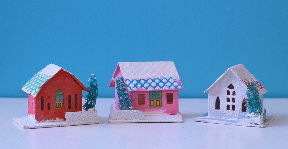 3 vintage PUTZ Christmas houses - checkerboard rooftops - pink red white village