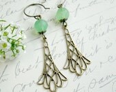 Mint earrings, filigree brass, faceted glass bead - filigree dangles, cottage chic