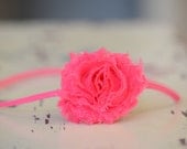 Mini Shabby Chic Chiffon Flower Headband . In Hot Pink . Skinny Elastic Headband for Baby